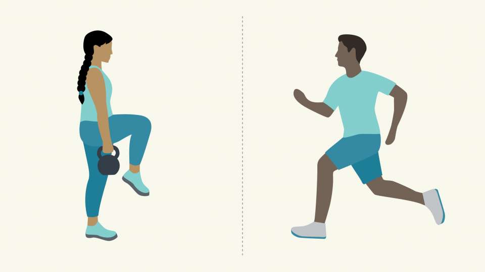 illustration of people lifting weights and running