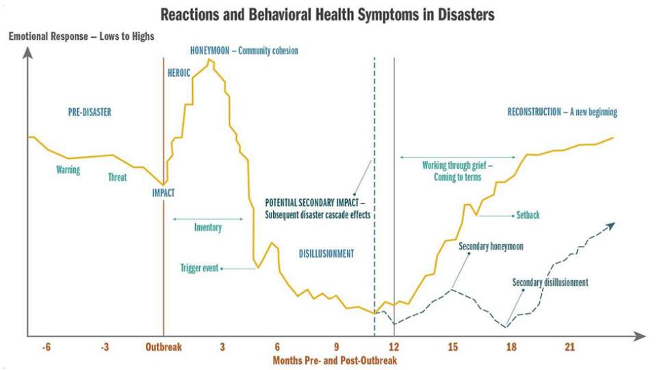 A graph of reactions and behavioral health symptoms in disasters over a 21-year period