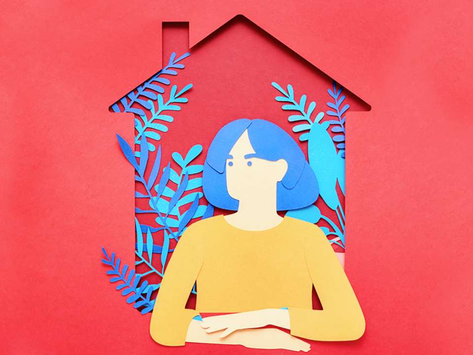 paper cut out of plants and woman staying at home during quarantine orders
