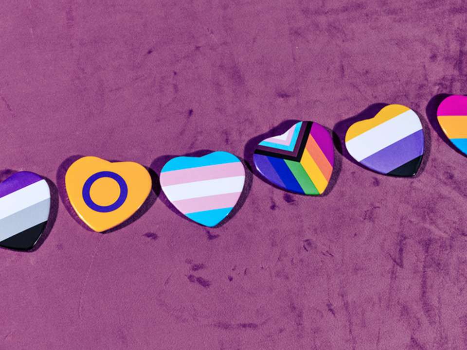 Heart-shaped Pride pins showing different flag designs.