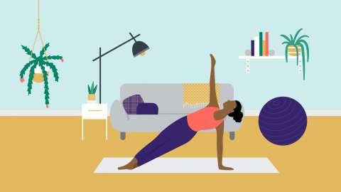 An illustration of a woman doing a side plank in her apartment.