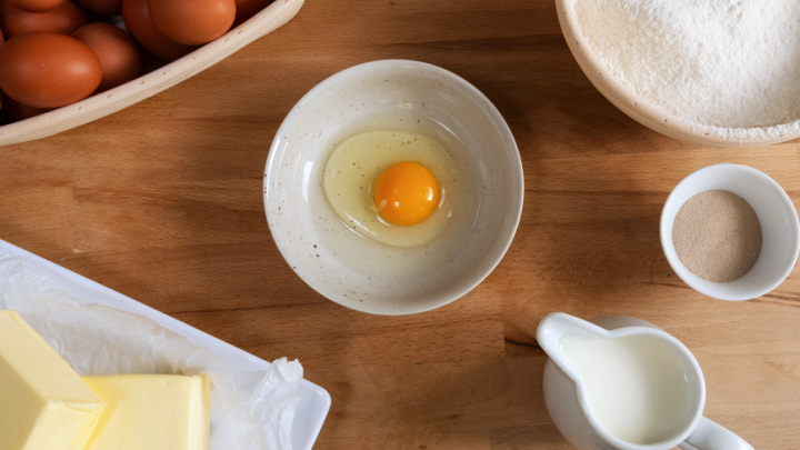 A photo of eggs, butter, and milk on a table