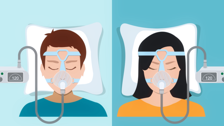 An illustration of a man and a woman wearing CPAP masks