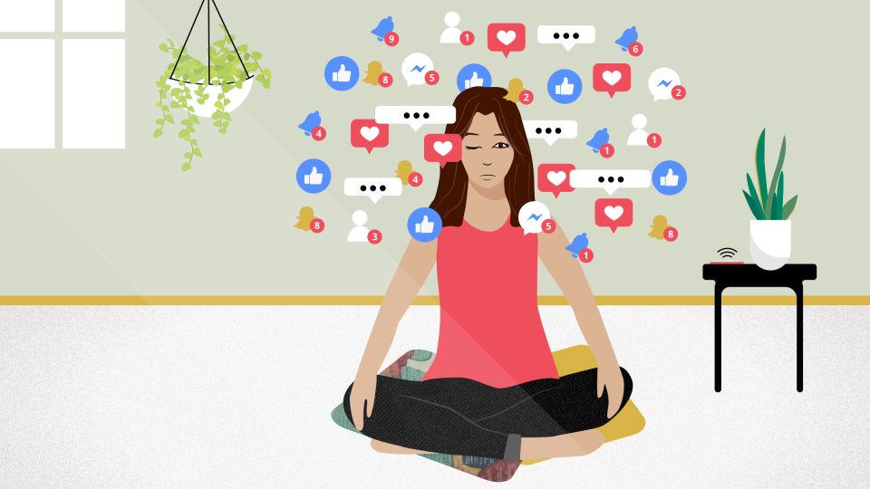 an illustration of a woman trying to meditate while social media notifications are popping up around her head