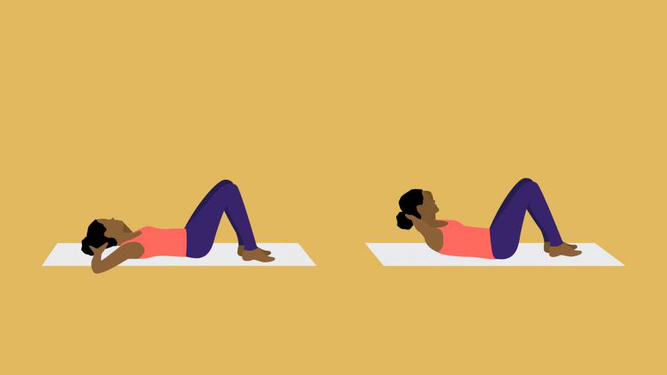 Two illustrations of a woman doing crunches.