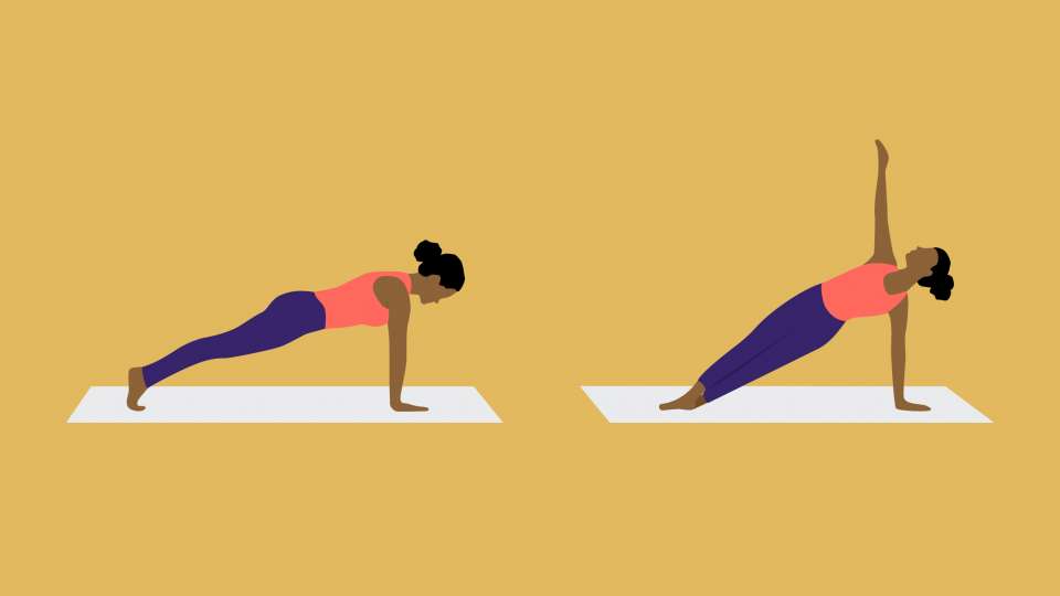 Two illustrations of a woman doing a plank and a side plank.