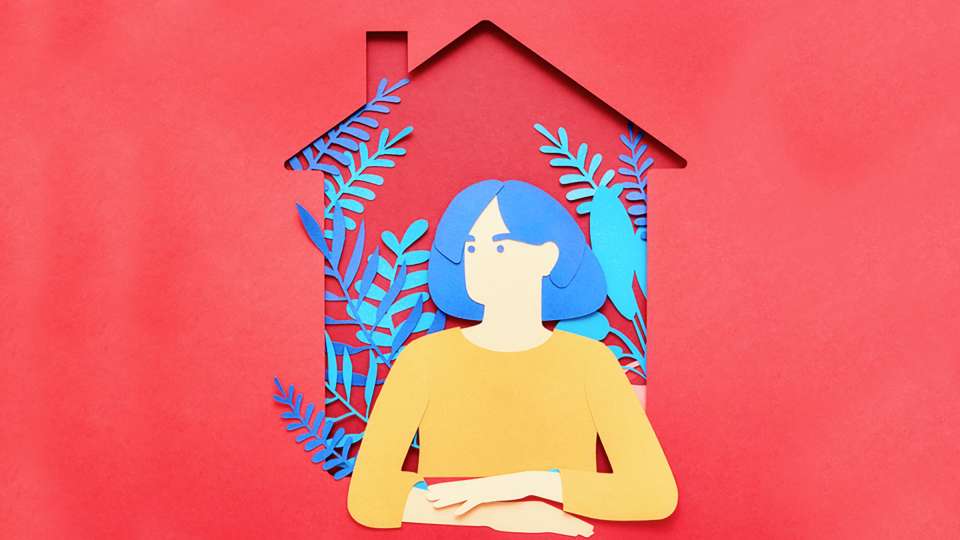 paper cut out of plants and woman staying at home during quarantine orders