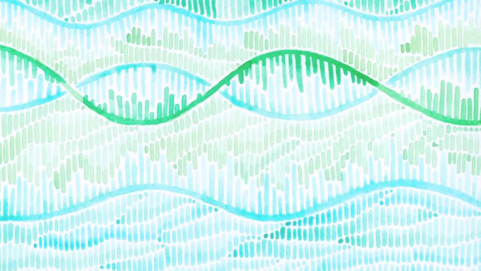 A blue and green watercolor illustration of DNA.