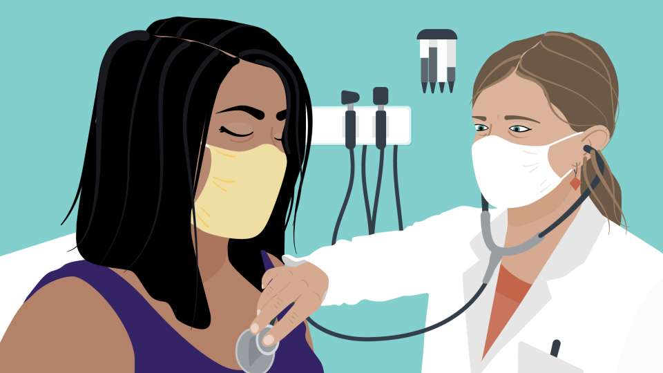 An illustration of a woman at the doctor getting a check-up