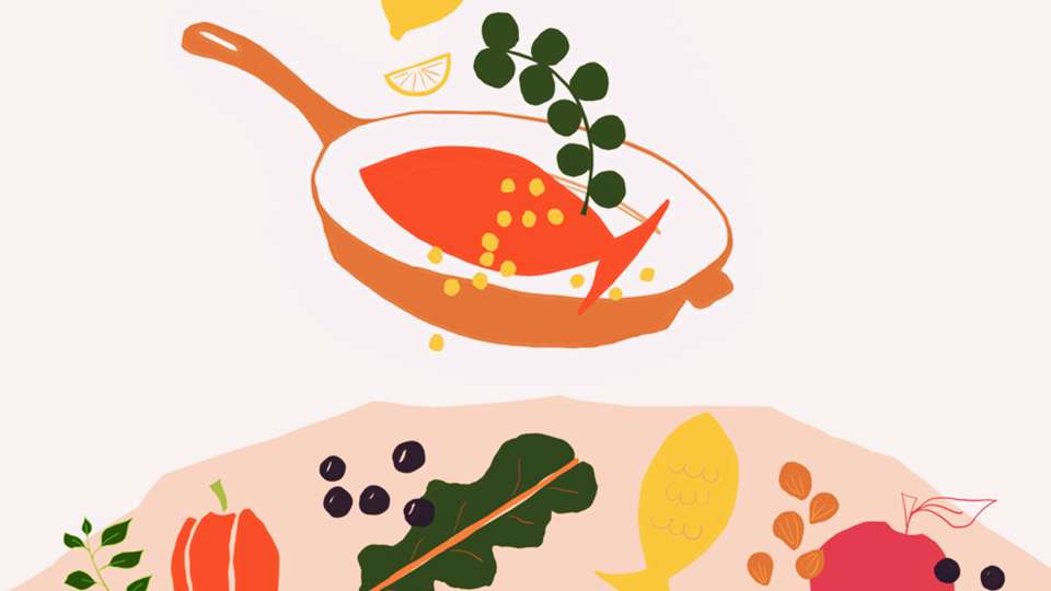 illustration of colorful mediterranean food being served