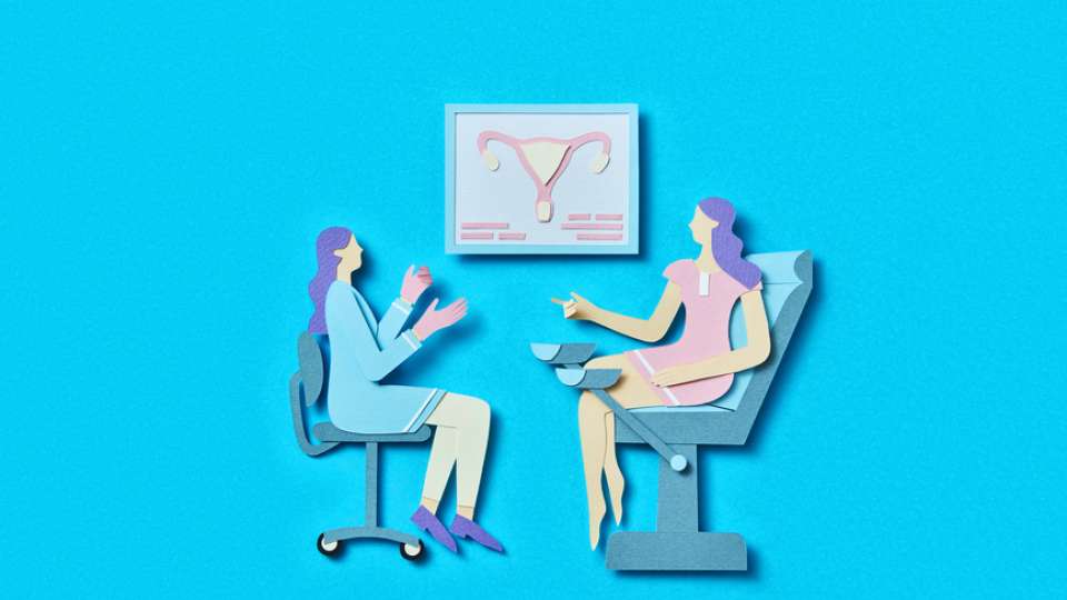 Illustration of a woman talking to her gynecologist 