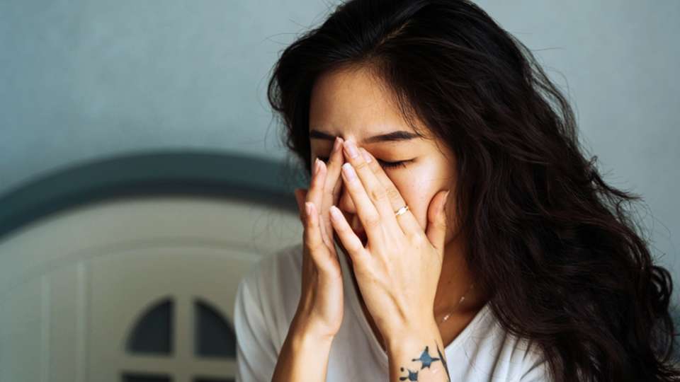 woman looking tired and rubbing her eyes