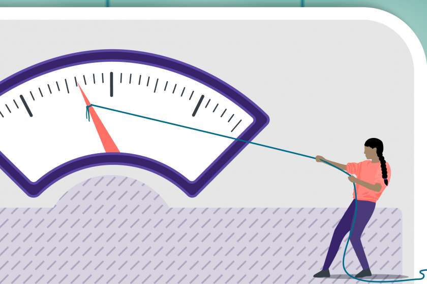 An illustration of a woman pulling on the dial on a scale.