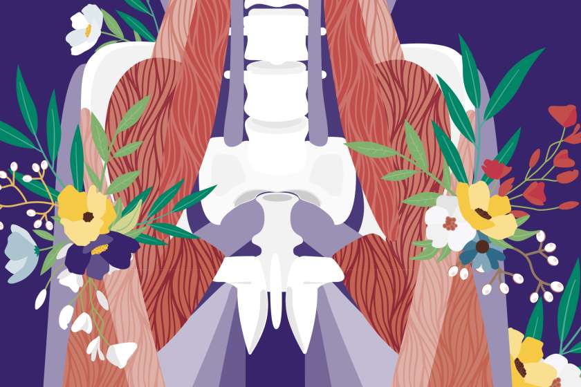 An illustration of hip muscles and bones with flowers.