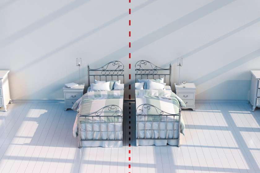 An illustration of a bed being split in half.