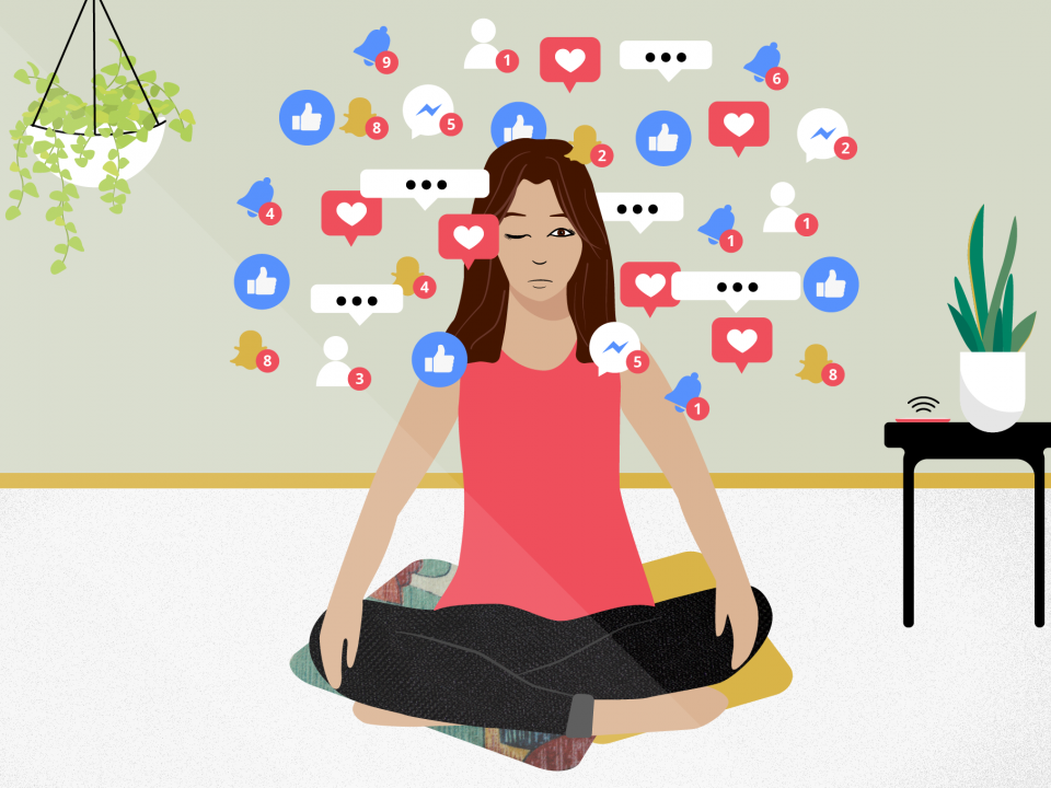 an illustration of a woman trying to meditate while social media notifications are popping up around her head