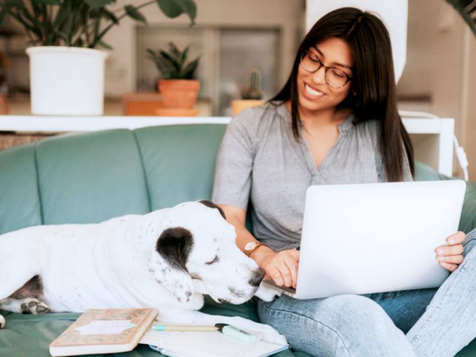 Woman on her computer cuddling with her dog