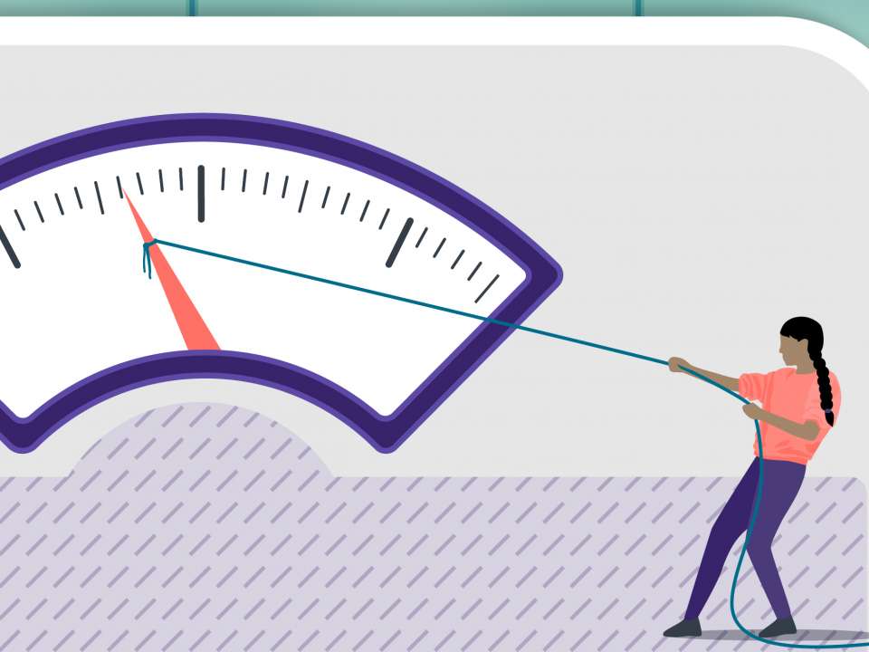 An illustration of a woman pulling on the dial on a scale.