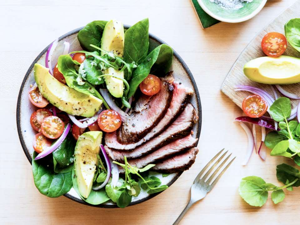 A salad with steak, avocado and tomatoes 