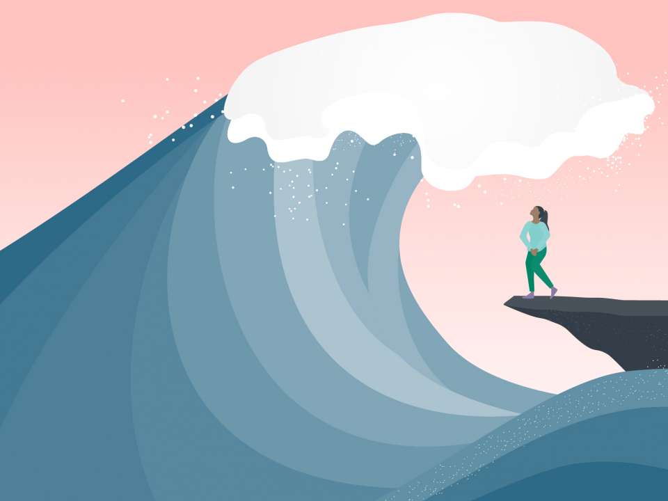 An illustrated wave looms over a woman who needs to pee