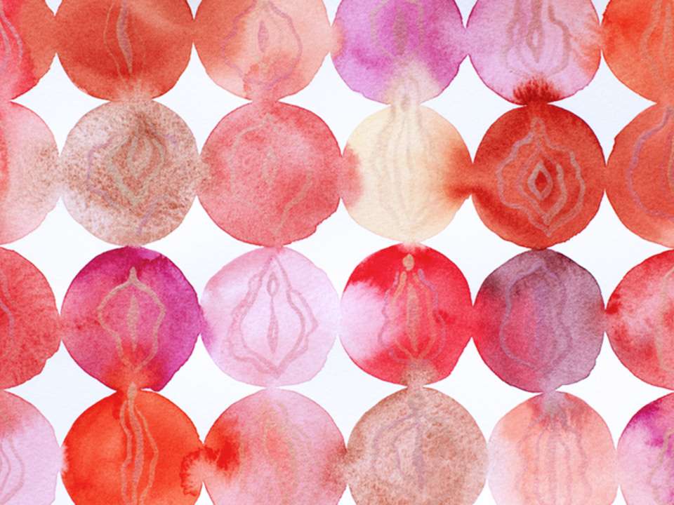 A watercolor illustration of different vulvas.