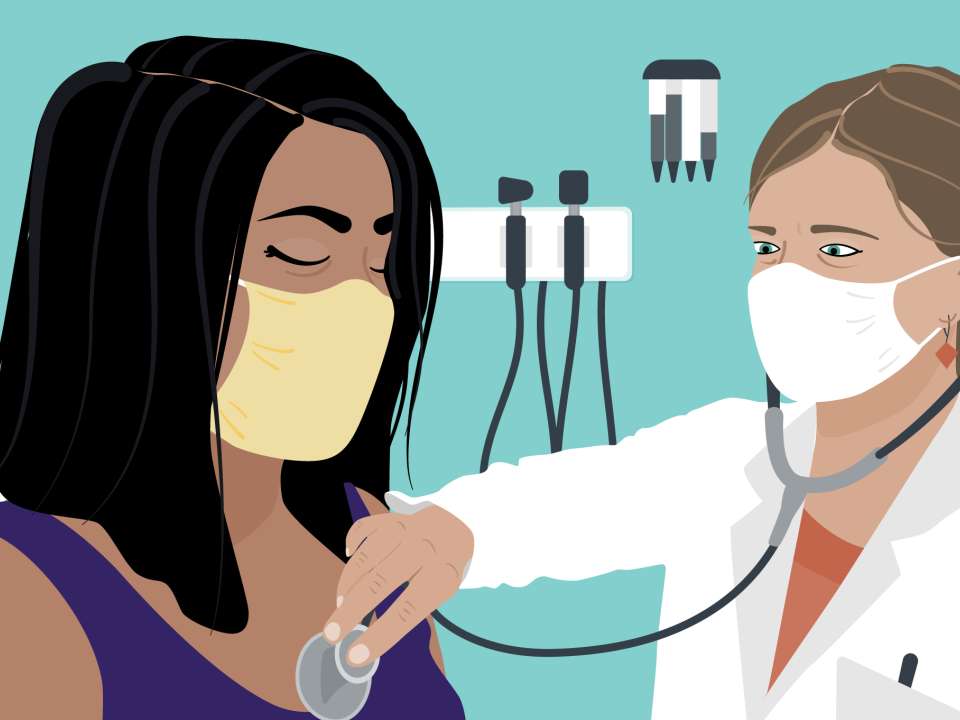 An illustration of a woman at the doctor getting a check-up