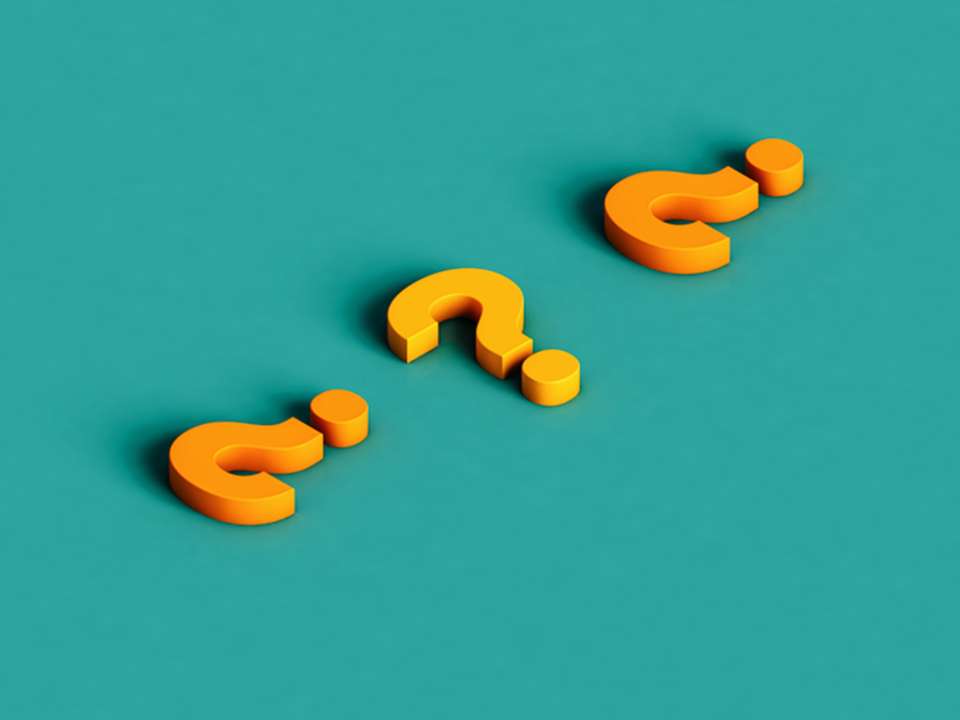 Three orange question marks on a teal background.