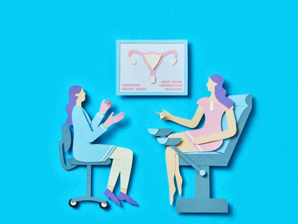 Illustration of a woman talking to her gynecologist 