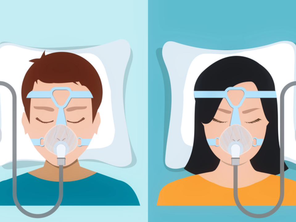 An illustration of a man and a woman wearing CPAP masks