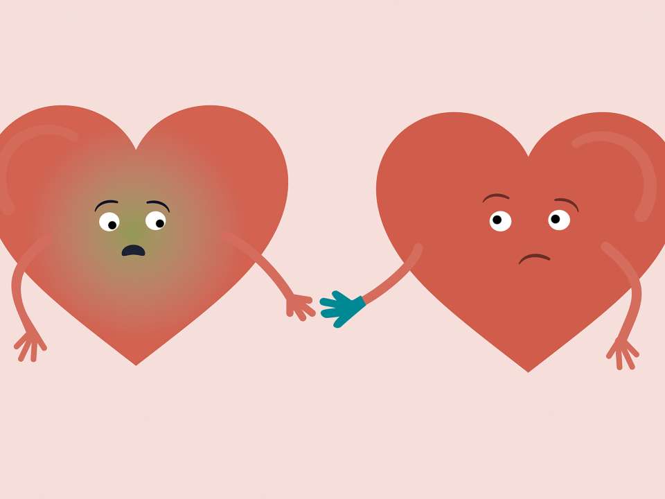 An illustration of two hearts. One is sick and the other is wearing a glove on its hand.